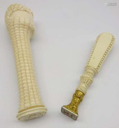 19tL9cmh Century ivory desk seal engraved with initials L12cm and another,