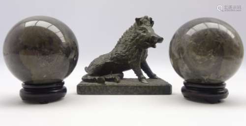 Serpentine model of Il Porcellini or The Florentine Boar W16cm and 2 coloured marble balls on