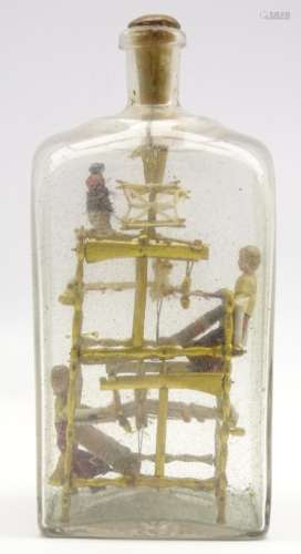 Victorian novelty of a miniature loom with figures in a glass bottle H23cm Condition