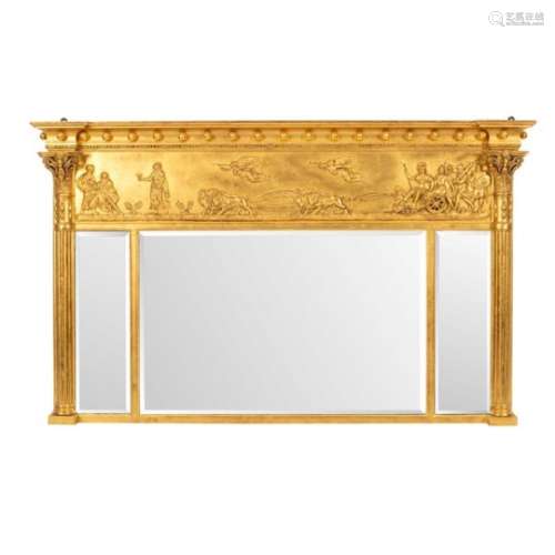 A Regency giltwood and gesso overmantel mirror with ball studded breakfront cornice,
