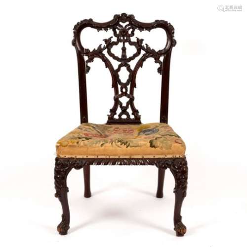 A mahogany dining chair of Chinese Chippendale style with needlework seat,