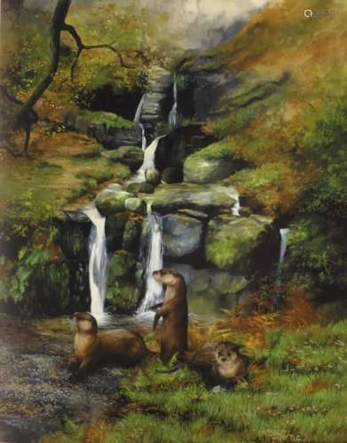 Caroline Manning (British Contemporary): 'An Upland Stream' - Otters Bathing, gouache signed,