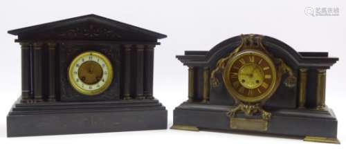 Victorian slate mantle clock of architectural form, with gilt face set on to an ormolu tiger,