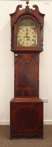 19th century mahogany long case clock, swan neck pediment,
