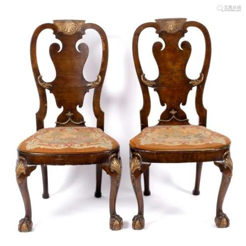 A pair of 18th Century walnut splat back chairs in the manner of Giles Grendey,