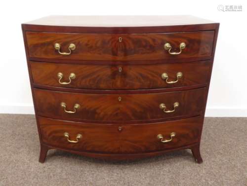 Early 19th century mahogany bow front chest, four graduating figured drawers,