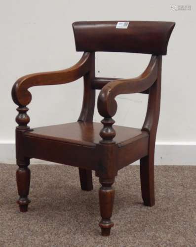 Early Victorian mahogany child's chair, scrolled arms, panel seat, turned front supports,
