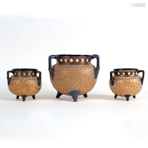 Three Royal Doulton stoneware cauldrons, comprising a pair and one larger,