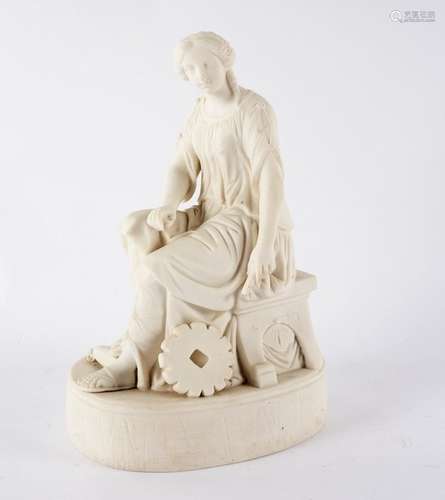 A parian figure of a seated woman with a millstone at her side, on an oval base,