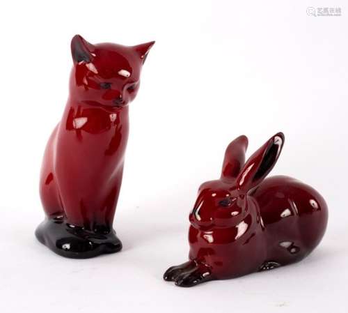 A Royal Doulton flambé figure of a hare, 11cm long and a cat, 12.