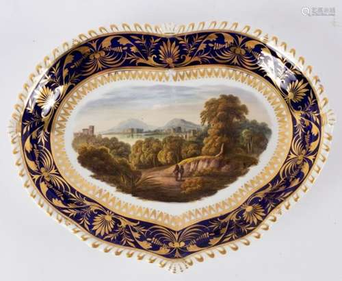 A Derby leaf-shaped dessert plate painted a scene in Germany,