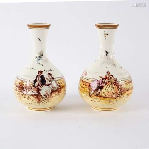 A pair of English porcelain vases with slender necks, transfer printed rural scenes,