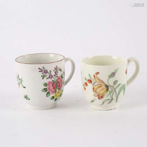 An 18th Century Bristol cup painted flowers and with enamelled 7 mark and a Derby cup