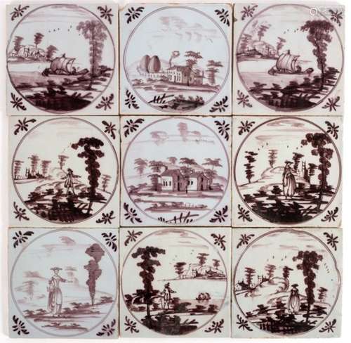 Nine 18th Century Bristol Delftware manganese tiles and five others/see illustration