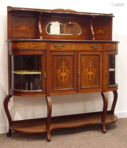 Edwardian rosewood side cabinet, open shelf on raised back, satinwood marquetry and stringing,