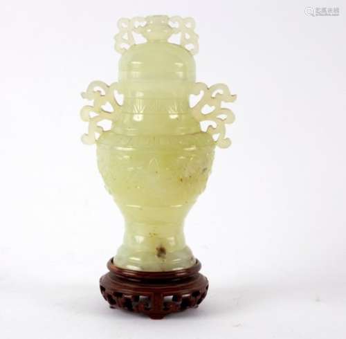 A Chinese pale celadon bowenite baluster vase and cover, 20th Century,