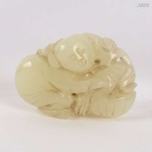 A Chinese pale celadon jade carving of a boy with a basket,