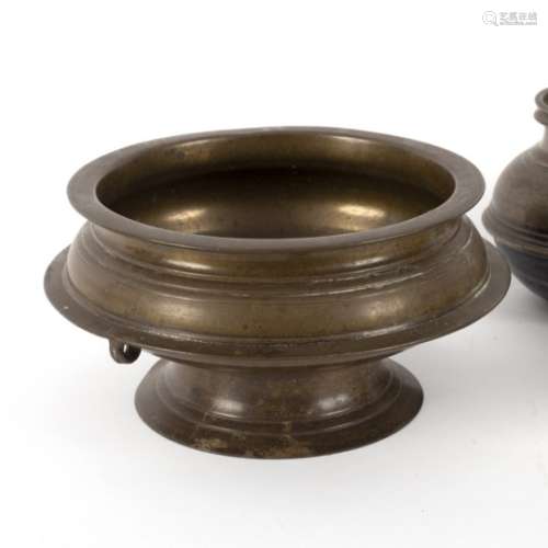A 19th Century Chinese bronze pedestal bowl with ring handles,