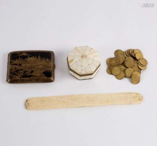 A Japanese niello decorated cigarette case, a small ivory carved box and cover,