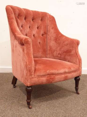 Victorian walnut framed button back arm chair, upholstered pink velvet,