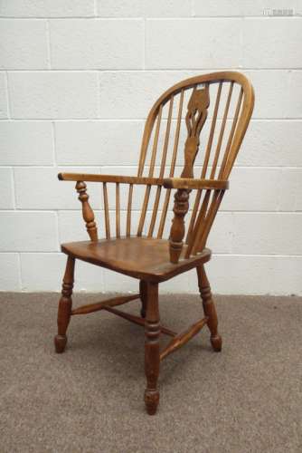 19th century ash and elm high back Windsor armchair, stick and pierced splat back,