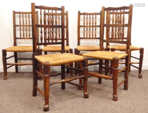 Harlequin set six 19th century oak Lancashire spindle back dining chairs, shaped cresting rail,