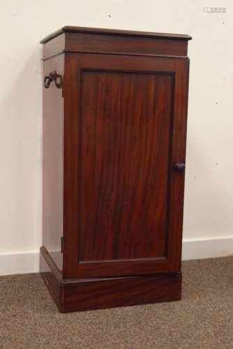 19th century mahogany pot cupboard, square moulded top above paneled door,