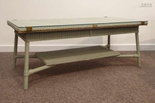 Large Lloyd Loom coffee table, rectangular glass top, turned supports connected by under tier,