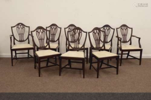 Eight (six + two) 20th century Hepplewhite style mahogany shield back dining chairs,