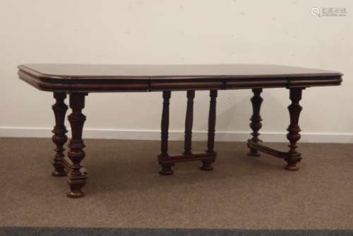 20th century mahogany draw leaf table, rectangular moulded top, raised on turned supports,