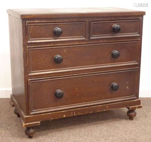 Victorian stained pine chest fitted with two short and two long drawers, turned feet W97cm, H88cm,