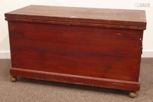 Large Victorian and later stained pine blanket box, on castors, (W117cm, H66cm,