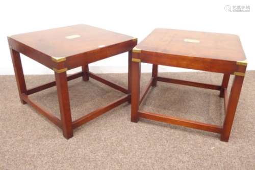 Pair 20th century campaign style mahogany lamp tables with brass mounts, 61cm x 61cm,