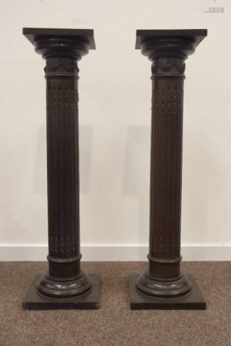 Pair classical style pedestal stands, circular reeded column, decorated with floral swags,