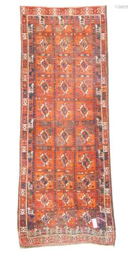 Afghan red and blue ground rug, geometric repeating field with camel motif boarder,