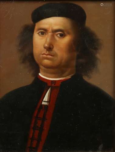 Italian School/Portrait of a Merchant/half length, wearing a black doublet and cap/oil on board, 25.