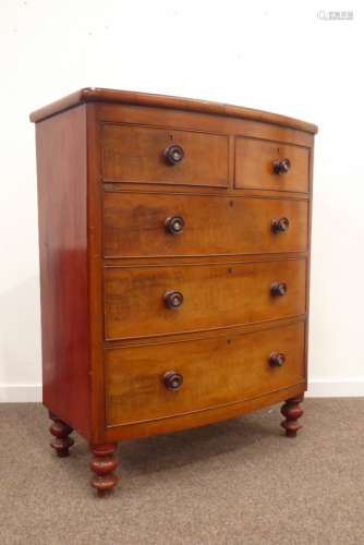 Victorian mahogany bow-front chest, with two short and three long figured graduating drawers,