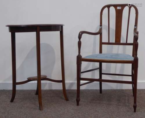 Edwardian inlaid mahogany elbow chair, upholstered seat on square tapering supports and peg feet,