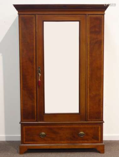 Edwardian inlaid mahogany wardrobe, projecting dentil cornice, bevelled mirror glazed door,