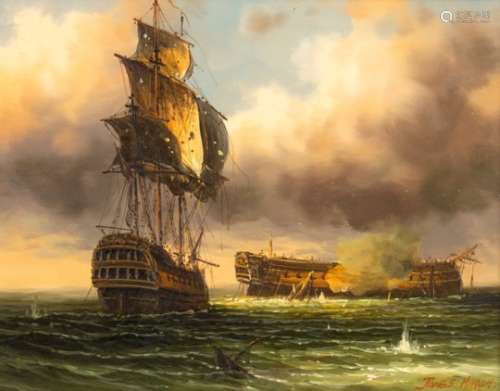 James Hardy (British, born 1937)/Sea Battle/oil on board,