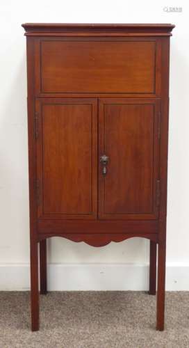 Edwardian walnut sewing work table, hinged moulded top inlaid with ebonised banding,