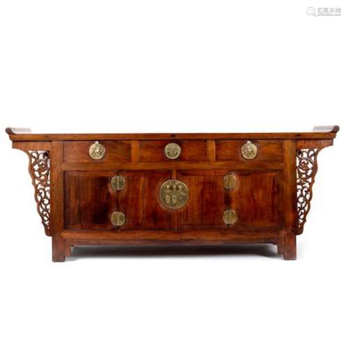 A large 19th Century Chinese hardwood three drawer coffer, Liansanchu,