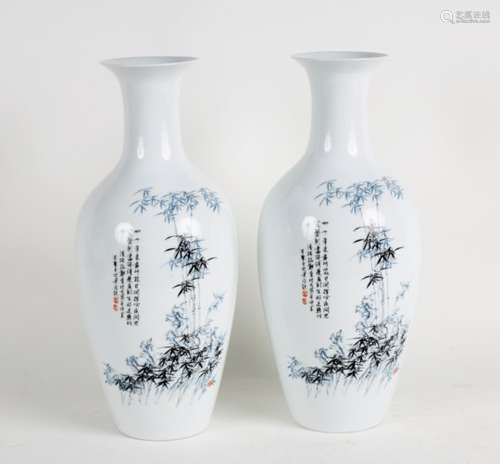 A pair of Chinese vases decorated with bamboo and rockwork in transfer-printed overglaze enamels