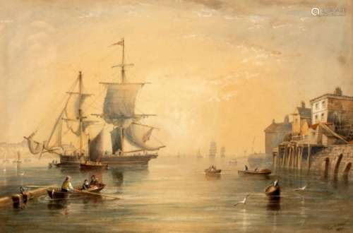J W Carmichael (British 1800-1868)/Square Rigged Ships in Harbour/signed and dated 1860/watercolour,