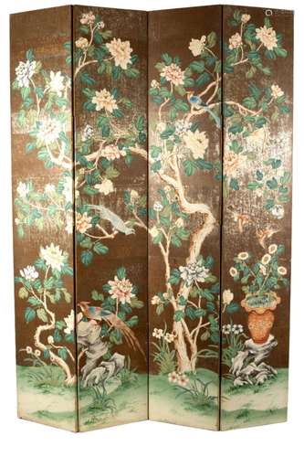 A Chinese painted four-fold screen, decorated exotic birds and insects among flowering branches,