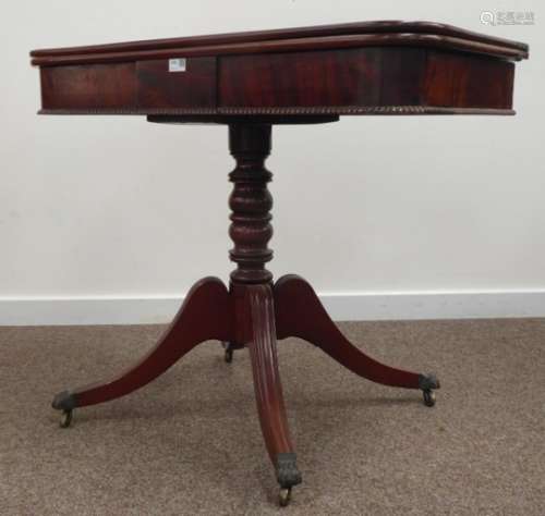 Regency mahogany tea table, hinged revolving top above beaded frieze,