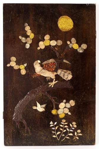 A Japanese shibayama panel, depicting a hawk on a flowering branch,