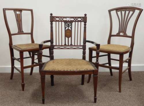 Edwardian rosewood salon elbow chair, pierced cresting rail, swept arms, upholstered seat,