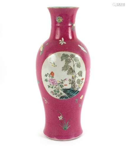 A Chinese famille rose ruby ground medallion vase, the medallions decorated birds,