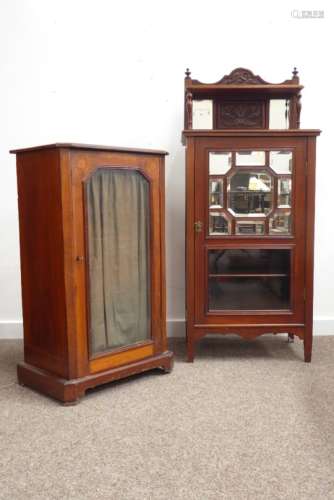 Edwardian mahogany sheet music cabinet, raised glazed and carved back with arched pediment,